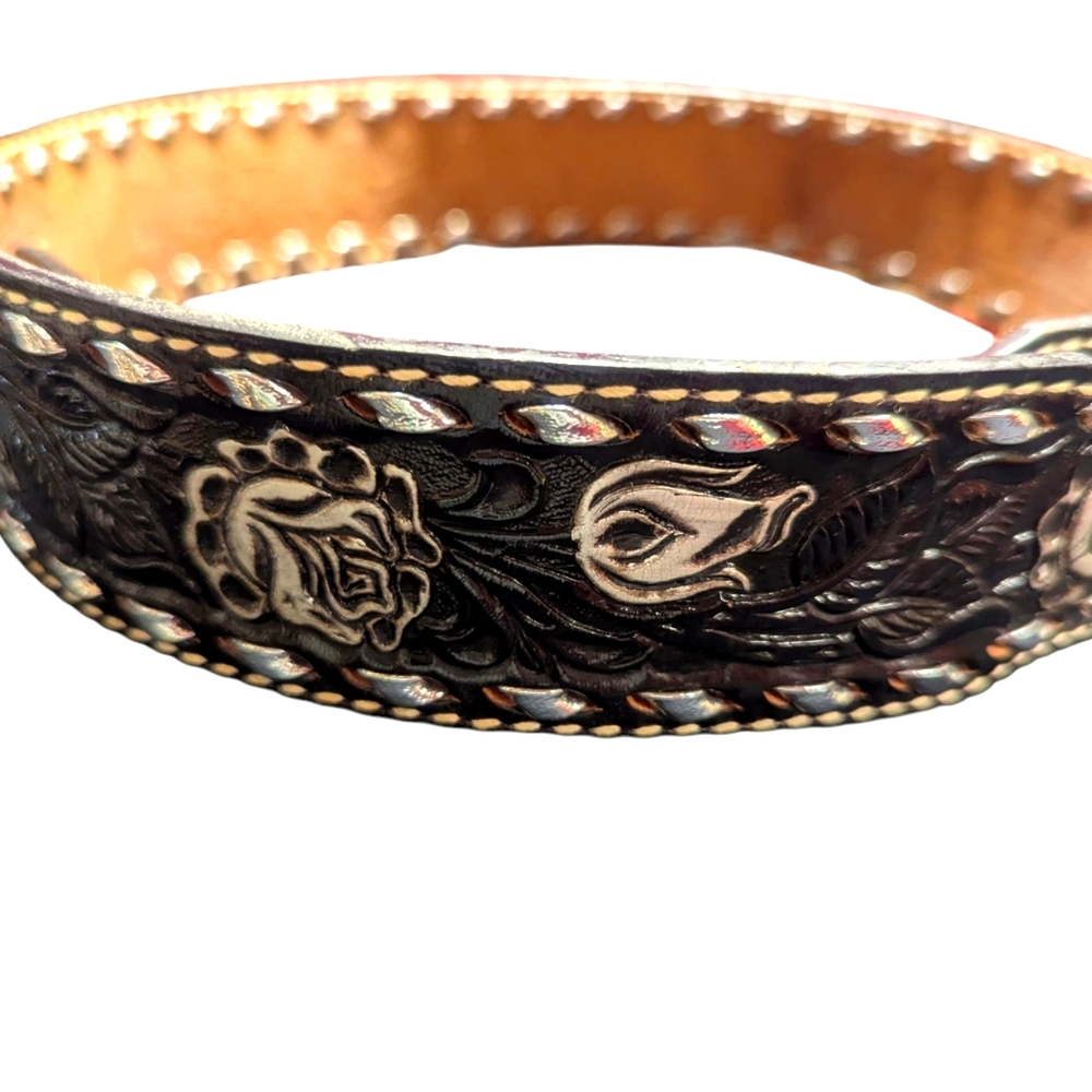 Brazos Joe Western Belt Unisex Size 34 Leather Black Silver Embossed USA